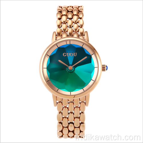 6034 GUOU cadran coloré montres-bracelets étanches bande de montre verte en acier inoxydable et collier blanc montres pour femmes